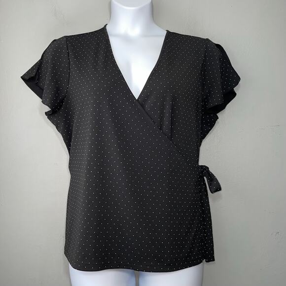 Liz Claiborne Tie Wrap Top Size XL Black White Polka Dot Office Siren Classic - Picture 1 of 9